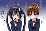  2girls hirasawa_ui imai_kazunari k-on! multiple_girls nakano_azusa pale_eye school_uniform sweatdrop translated turn_pale twintails yandere 