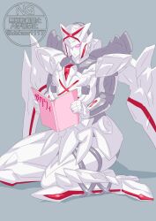  1girl absurdres blush book helmet highres holding holding_book mecha no.1_sentai_gozyuger no_humans open_mouth otokamu queen_tegajune robot solo solo_focus super_sentai tegajune tokusatsu violet_eyes 