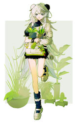  1girl absurdres arknights asymmetrical_clothes asymmetrical_sleeves bead_bracelet beads black_bloomers bloomers bracelet breasts bun_cover cleavage_cutout clothing_cutout double_bun expressionless feather_hair full_body hair_between_eyes hair_bun highres holding jacket jewelry long_hair mulberry_(arknights) mulberry_(plant_crude_drug)_(arknights) nanashi_74 official_alternate_costume open_mouth plant potted_plant shoes simple_background sneakers socks solo spray_can standing standing_on_one_leg very_long_hair violet_eyes white_hair white_jacket white_sneakers 