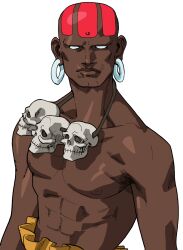  1boy bald bengus bindi dhalsim earrings facepaint game_cg highres jewelry looking_at_viewer male_focus muscular muscular_male necklace no_pupils non-web_source official_art portrait simple_background skull_necklace solo street_fighter street_fighter_zero_(series) upper_body white_background white_eyes 