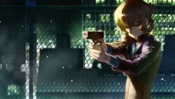  aiming amane_suzuha amane_suzuha_(beta) black_jacket blue_jacket blue_track_suit blurry blurry_foreground braid breasts brown_hair cityscape cropped_jacket finger_on_trigger game_cg glock gun hair_rings handgun high_collar highres huke jacket jacket_over_jacket leather leather_jacket light_particles medium_breasts night non-web_source official_art ringed_eyes steins;gate steins;gate_0 track_jacket track_suit twin_braids twintails wavy_mouth weapon yellow_eyes 