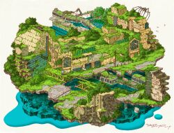  1boy 2025 abandoned animal bird blue_pants building canvas_(object) commentary_request dilapidated dolphin easel grey_background highres monster moss original overgrown overhead_line pants pillar post-apocalypse railroad_tracks road road_sign ruins scenery shirt sign signature simple_background solo striped_clothes striped_shirt tokyogenso train water wreckage 