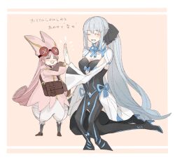  2girls black_bow black_thighhighs blush bow braid euhage73 fate/grand_order fate_(series) full_body habetrot_(fate) hair_between_eyes hair_bow half_up_braid highres long_hair morgan_le_fay_(fate) morgan_le_fay_(first_ascension)_(fate) multiple_girls open_mouth pink_hair ponytail smile thigh-highs very_long_hair white_hair 