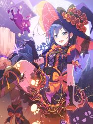  1girl absurdres artist_request blue_eyes blue_hair blurry blurry_background boots breasts broom crossed_legs dress elbow_gloves fishnet_cutout fishnet_pantyhose fishnets gloves halloween halloween_costume hat highres kurogane_ren long_hair looking_at_viewer medium_breasts night official_art open_mouth orange_dress orange_ribbon pantyhose pointing pointing_at_another purple_cat purple_dress purple_hair purple_ribbon ribbon shine_post skirt smile solo sparkle teeth upper_teeth_only very_long_hair violet_eyes witch_hat 