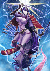  152_in_can 1girl armor black_gloves bodysuit boots bow_(weapon) breasts covered_navel doujigiri_yasutsuna_(fate) fate/grand_order fate_(series) fingerless_gloves full_body gloves hair_ornament high_heels highres holding holding_bow_(weapon) holding_sword holding_weapon japanese_armor katana large_breasts loincloth long_hair looking_at_viewer low-tied_long_hair minamoto_no_raikou_(fate) minamoto_no_raikou_(third_ascension)_(fate) onikiri_yasutsuna_(fate) parted_bangs purple_bodysuit purple_hair purple_rop ribbed_sleeves rope samurai shoulder_armor smile solo standing sword very_long_hair violet_eyes weapon winged_hair_ornament 