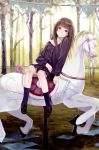 absurdres brown_hair carousel fukahire_sanba highres horse long_hair seifuku sitting skirt smile solo tree 