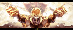  1boy arrow_(projectile) artist_name blonde_hair cape facing_viewer jewelry mask mirrored_text moore_(526250462qqcom) necklace pixiv_fantasia pixiv_fantasia_fallen_kings solo toma_(pffk) upper_body 