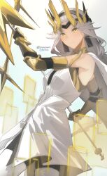  1girl absurdres arm_armor cape cowboy_shot dress earrings floating_cape gradient_background grey_hair headgear highres holding holding_polearm holding_weapon jewelry knowname long_hair looking_at_viewer parted_lips polearm queen_(to_be_hero_x) sleeveless sleeveless_dress solo spear to_be_hero to_be_hero_x twitter_username weapon white_cape white_dress yellow_eyes 