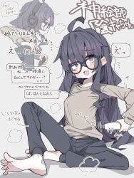  1girl absurdres ahoge barefoot black_hair blush glasses godly_artist_introvert-chan headphones highres jimiko koyansuee long_hair long_sleeves lying messy_hair on_back original sex_toy simple_background speech_bubble translation_request vibrator violet_eyes 