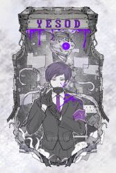 1boy 1other :| armband black_coat black_gloves blood blood_drip blood_on_clothes blood_on_face blood_splatter border brown_eyes character_request closed_mouth coat collared_shirt dripping english_text expressionless glitch gloves kalliope_orc lobotomy_corporation male_focus necktie ornate_border project_moon purple_armband purple_blood purple_hair purple_necktie putting_on_gloves shirt short_hair turtleneck upper_body white_border white_shirt yesod_(project_moon) 