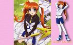   blue_eyes brown_hair fingerless_gloves from_above gloves hair_bow long_hair mahou_shoujo_lyrical_nanoha mahou_shoujo_lyrical_nanoha_strikers open_mouth ponytail raising_heart side_ponytail takamachi_nanoha thigh_highs twintails uniform  