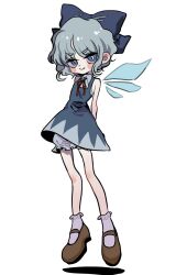 1girl arms_behind_back bare_shoulders bloomers blue_bow blue_dress blue_eyes blue_hair blush bow brown_shoes cirno closed_mouth collared_shirt commentary_request detached_wings dress flying full_body hair_bow haniwa_kue highres ice ice_wings large_bow looking_at_viewer neck_ribbon red_ribbon ribbon shadow shirt shoes short_hair simple_background skinny sleeveless sleeveless_dress sleeveless_shirt smile socks solo touhou v-shaped_eyebrows wavy_hair white_background white_bloomers white_shirt white_socks wings 