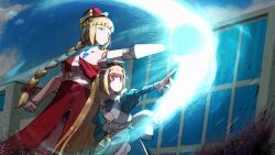  2girls absurdres blonde_hair blue_eyes blue_sky bow braid braided_ponytail building clouds day dress energy energy_barrier expressionless hair_bow hat highres joints long_hair mahou_shoujo_ni_akogarete makotogab mixed-language_commentary morino_korisu multiple_girls nero_alice outdoors pointing porkpie_hat roboko_(mahou_shoujo_ni_akogarete) robot_girl robot_joints sky very_long_hair violet_eyes 