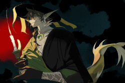  1boy arknights black_background black_gloves black_hat black_robe blonde_hair braid brown_hair candle candlestand chinese_commentary commentary_request fins fish_tail gloves gradient_background green_shawl hat head_fins highres holding holding_candle kaifei_(kaifei_29) lee_(arknights) looking_to_the_side male_focus red_background robe scales shirt solo tail talisman upper_body white_shirt yellow_eyes 
