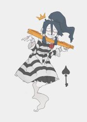  1girl bags_under_eyes blue_hair bolos card crown cuffs dress ghost ghost_tail hair_ornament hair_tubes joker_(playing_card) miyadeguchi_mizuchi playing_card ponytail simple_background skull_hair_ornament smile solo spade_(shape) striped_clothes striped_dress touhou white_background 