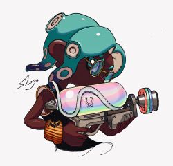  1boy aqua_eyes aqua_hair artist_name bright_pupils commentary_request dark-skinned_male dark_skin eyebrow_cut glasses gun highres holding holding_gun holding_weapon male_focus medium_hair octoling octoling_boy octoling_player_character round_eyewear shogo_(shogo70449442) signature simple_background solo splatoon_(series) splatoon_3 splattershot_(splatoon) tentacle_hair thick_eyebrows very_dark_skin weapon white_background white_pupils 