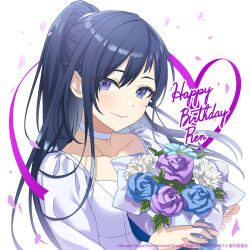  1girl absurdres artist_request blue_eyes blue_hair bouquet breasts choker closed_mouth copyright_notice dress flower happy_birthday high_ponytail highres holding holding_bouquet kurogane_ren long_hair looking_at_viewer medium_breasts official_art petals ponytail shine_post simple_background solo upper_body white_background white_choker white_dress 