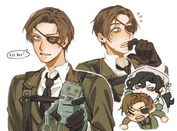  1boy 1girl anjo_nala belt biting biting_head black_eyes black_gloves black_necktie blood blood_in_hair brown_hair brown_jacket chibi chibi_inset collared_shirt desleben english_text eyepatch flying_sweatdrops gloves green_gloves hand_up hat highres holding holding_toy jacket looking_at_viewer military_uniform multiple_views necktie ptolemy_(reverse:1999) reverse:1999 shirt short_hair speech_bubble surprised sweat toy toy_robot utility_belt violet_eyes white_background white_hat white_shirt 