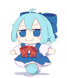  1girl absurdres ahoge blue_bow blue_dress blue_eyes blue_hair blue_shoes blush_stickers bow bowtie cirno closed_mouth collared_shirt commentary_request dress full_body fumo_(doll) hair_bow highres ice ice_wings kame_(kamepan44231) pinafore_dress red_bow red_bowtie shirt shoes short_hair short_sleeves sleeveless sleeveless_dress smile solo touhou walking white_shirt wings 