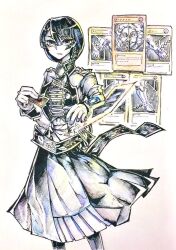 1girl alter_ego_(game) black_eyes black_hair braid braided_ponytail card cards chain chains collared_jacket collared_shirt ego_rex_(alter_ego) es_(alter_ego) exodia_the_forbidden_one grey_eyes holding_card jacket looking_at_viewer monochrome playing_card solo solo_focus tagme undershirt uniform white_gloves yu-gi-oh!