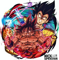  2boys aura black_hair clenched_hands clenched_teeth dragon_ball dragon_ball_z energy_beam galick_gun highres kaiouken kamehameha_(dragon_ball) male_focus multiple_boys muscular muscular_male nickelespektro parted_lips saiyan_armor son_goku surprised teeth topless_male upper_body vegeta 