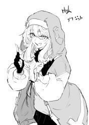 1girl arms_up bridget_(guilty_gear) eyelashes female_focus greyscale guilty_gear guilty_gear_strive highres hood hooded_jacket index_finger_raised jacket long_hair monochrome open_mouth simple_background smile solo translation_request white_background yakehanateru