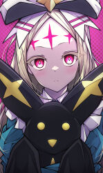  1girl absurdres blonde_hair blue_dress bow commentary cross dress expressionless facial_mark forehead_mark hair_bow highres holding kakuzatou_(cubesugar03196) long_hair looking_at_viewer mahou_shoujo_ni_akogarete morino_korisu nero_alice polka_dot polka_dot_background red_background red_eyes smile venalita white_bow yellow_eyes 