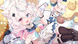  1girl ahoge animal_ear_fluff animal_ears apron bell black_thighhighs blue_eyes blue_sailor_collar blue_skirt blush breasts cable cat_ears cat_girl cat_tail character_doll commission controller doll electric_plug frills game_controller gradient_hair hair_ornament hand_on_own_chest handheld_game_console heterochromia highres hikimayu holding joy-con long_hair looking_at_viewer low_twintails maid maid_headdress mikeou_(vtuber) multicolored_hair nintendo_switch open_mouth original pink_eyes pink_hair red_eyes sailor_collar shiro9jira skeb_commission skirt smile solo tail thick_eyebrows thigh-highs thigh_strap twintails virtual_youtuber white_hair 