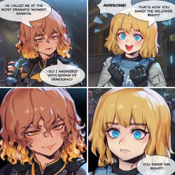  2girls absurdres black_gloves blonde_hair blue_eyes brown_hair can clenched_hands drink_can drinking_straw eagle_1_(helldivers) english_text fingerless_gloves for_the_better_right?_(meme) gloves hangar helldiver_(helldivers) helldivers_(series) highres holding holding_can meme multiple_girls orange_eyes orange_hair phantom_ix_row seaf_soldier_(helldivers) short_hair smile 