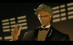  1boy black_bow black_bowtie black_jacket blurry blurry_background bow bowtie brown_eyes buttons chinese_commentary commentary_request dappled_sunlight depth_of_field facial_hair fingernails green_hair grey_hair grin hair_behind_ear hair_slicked_back hand_up highres indoors jacket lapels layered_sleeves letterboxed long_sleeves looking_at_viewer male_focus mature_eyes mature_male multicolored_hair mustache old old_man open_clothes open_jacket parted_lips personification plants_vs._zombies plants_vs._zombies_2 primal_peashooter_(plants_vs._zombies) shirt short_hair sidelighting siiiiiiiiiii smile solo streaked_hair sunlight thick_eyebrows traditional_bowtie two-tone_hair upper_body very_short_hair white_shirt 