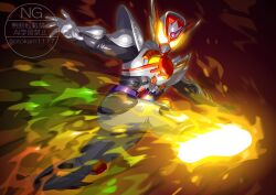  1boy absurdres glowing glowing_eyes gochizo highres kamen_rider kamen_rider_gavv_(series) kamen_rider_vram kicking otokamu pudding_a_la_mode silver_armor silver_bodysuit tokusatsu vrastumgear 
