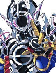 1boy armored_bodysuit bodysuit evol_trigger helmet highres holding kamen_rider kamen_rider_build_(series) kamen_rider_evol kamen_rider_evol_(black_hole_form) male_focus multicolored_bodysuit ohd6_d simple_background solo upper_body white_background
