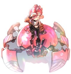  1boy androgynous black_boots black_pants boots commentary_request crab_tank_(splatoon) eyebrow_cut glint highres jacket korean_commentary long_hair male_focus midriff mohawk navel octoling octoling_boy octoling_player_character one_eye_closed open_clothes open_jacket pants red_hair red_jacket solo splatoon_(series) splatoon_3 tentacle_hair uuurung white_background 