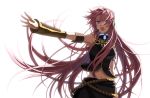 1girl armband belt blue_eyes breasts detached_sleeves female headphones long_hair megurine_luka multiple_belts navel open_mouth osamu_(jagabata) outstretched_arm pink_hair serious simple_background sleeveless solo standing very_long_hair vocaloid white_background 