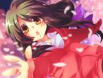  :o brown_eyes clannad grey_hair hair_bow ibuki_fuuko jacket open_mouth outstretched_arms outstretched_hand petals reaching satomi_yoshitaka solo 