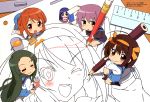  5girls :3 absurdres achakura airbrush asahina_mikuru asakura_ryouko blue_eyes blue_hair brown_eyes brown_hair chibi closed_eyes colored_pencil drawing eraser from_above headband highres long_hair megami minigirl multiple_girls nagato_yuki nishiya_futoshi official_art paint pencil purple_hair ruler scan school_uniform serafuku socks suzumiya_haruhi suzumiya_haruhi-chan_no_yuuutsu suzumiya_haruhi_no_yuuutsu tsuruya very_long_hair wooden_pencil 