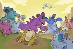  blue_skin clouds colored_skin day fang highres horns nidoking nidoqueen nidoran nidoran_(female) nidoran_(male) nidorina nidorino open_mouth outdoors pink_skin pokemon pokemon_(creature) purple_skin red_eyes sandshrew single_horn sky squeegool swablu yellow_sky 