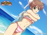  bikini blush breasts brown_hair bun_cover cloud crossed_arms double_bun dress dress_lift dutch_angle green_eyes hal kanamori_reiko navel ocean outdoors shirt_lift short_hair sky solo striped striped_bikini striped_swimsuit success swimsuit swimsuit underboob undressing wallpaper water wrestle_angels wrestle_angels_survivor 