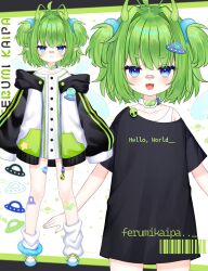  1girl ahoge alien antennae bandaid bandaid_on_face bandaid_on_nose black_shirt blue_eyes choker choppy_bangs fang ferumi_kaipa full_body green_hair highres hood hooded_jacket indie_virtual_youtuber jacket leg_warmers medium_hair official_art open_mouth pointy_ears shirt shoes short_twintails shouu-kun sneakers sports_bra standing star_(symbol) star_in_eye sticker_on_leg symbol_in_eye thick_thighs thighs twintails ufo ufo_hair_ornament virtual_youtuber white_choker white_leg_warmers white_shirt white_sports_bra 