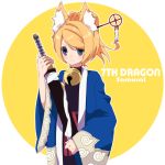  animal_ears bad_id bell black_eyes blonde_hair blue_eyes cat_bell circle english fox_ears hair_ornament hidaka japanese_clothes jingle_bell katana kimono kori samurai_(7th_dragon) simple_background sword weapon 