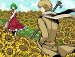  axis_powers_hetalia blonde_hair closed_eyes closed_umbrella cloud crossover flower flower_field green_hair highres kazami_yuuka lead_pipe long_skirt nature pipe plaid plaid_skirt plaid_vest ririvery russia_(hetalia) scarf short_hair skirt skirt_set smile sunflower touhou umbrella 