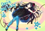  1girl akiyama_mio bad_id black_eyes black_hair blue_legwear cord don&#039;t_say_&quot;lazy&quot; don&#039;t_say_lazy dress entangled hat high_heels jin_young-in k-on! long_hair lying microphone microphone_stand mini_top_hat pantyhose pentagram shoes slip_skirt solo speaker top_hat 