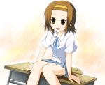  brown_hair desk hairband hiiragi_mitsuna k-on! school_uniform short_hair sitting solo tainaka_ritsu tomboy 