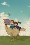  :d blonde_hair blue_eyes blue_sky brown_eyes brown_hair child gipple grass kinako_(moment) kukuri mahoujin_guruguru nike_(mahoujin_guruguru) open_mouth riding running sky smile 