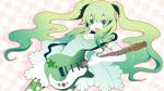  :d blush breasts checkered checkered_background cleavage dress elbow_gloves gloves gradient_hair green_eyes green_hair green_legwear guitar hatsune_miku instrument jewelry long_hair multicolored_hair necklace open_mouth pantyhose smile sparkle tiara twintails vector vocaloid 