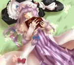  book geike hat kirisame_marisa lap_pillow multiple_girls patchouli_knowledge purple_hair ribbon sleeping touhou witch_hat 