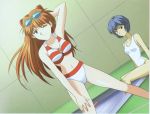  2girls armpits ayanami_rei background bare_shoulders bikini blue_eyes blue_hair cowboy_shot dutch_angle goggles hair_ornament hairclip legs long_hair midriff multiple_girls neon_genesis_evangelion official_art one-piece_swimsuit pool poolside red_eyes red_hair redhead scan school_swimsuit sitting smile souryuu_asuka_langley stare striped_bikini swimsuit thighs wink zipper 