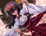  black_hair flower hair_ornament highres ichiyou_moka japanese_clothes kagura_suzu miko original purple_eyes ribbon violet_eyes 