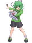  1girl antenna antennae card cosplay duel_disk female glasses green_eyes green_hair highres holding holding_card insector_haga insector_haga_(cosplay) kuro_suto_sukii reverse_trap short_hair shorts solo touhou wriggle_nightbug yu-gi-oh! yuu-gi-ou yuu-gi-ou_duel_monsters 