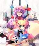  2girls alternate_hairstyle blonde_hair cirno closed_eyes green_eyes hair_brush hair_ornament hairclip hairdressing kirisame_marisa multiple_girls open_mouth patchouli_knowledge pillow purple_hair shin_(new) shoes smile touhou twintails 
